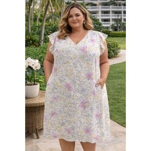 Joie Floral Linen Dress 3X Flutter Sleeve Pastel Vacation Cool Beach Breathable